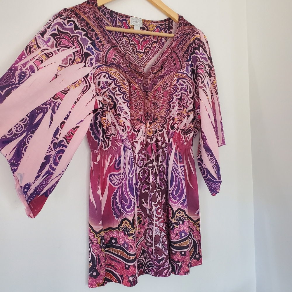 STARIALLE Sz S 3/4 Bell Sleeve Tunic Top Pink Purple V Neck Fairy Boho Hippie - Picture 2 of 14